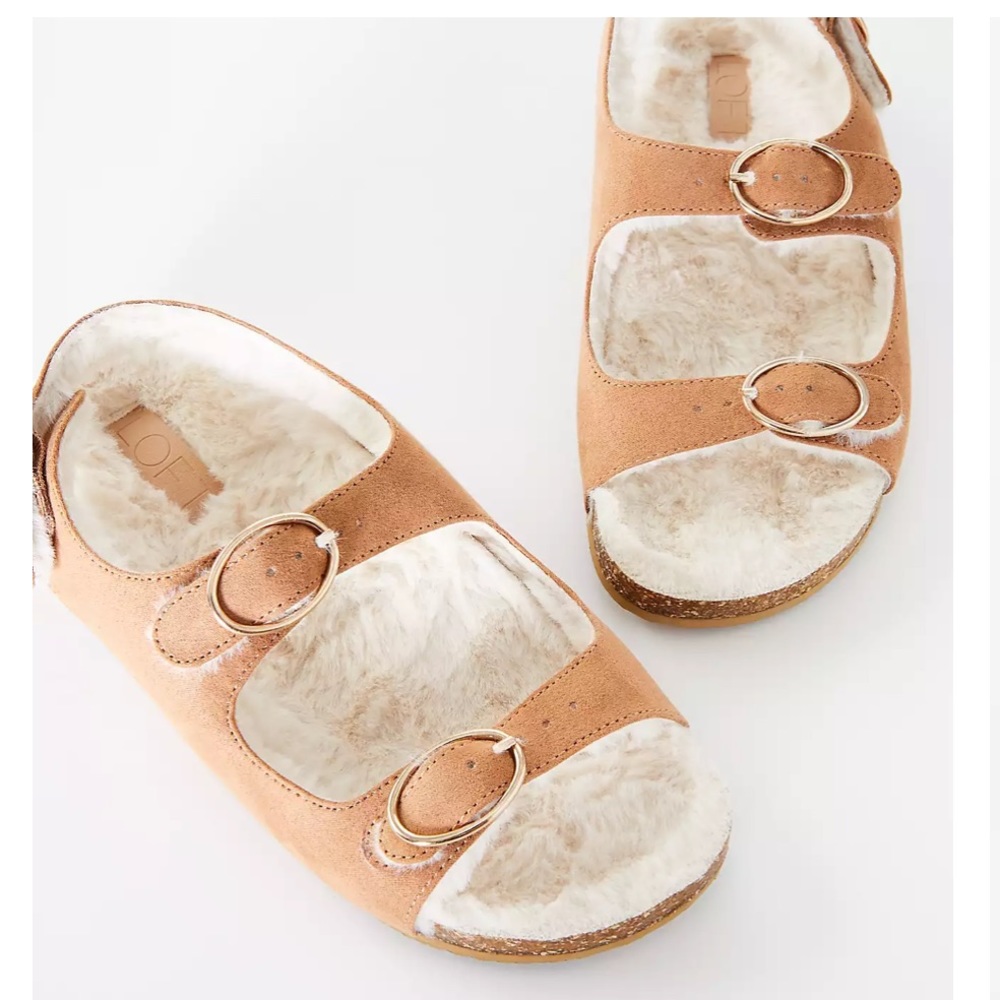 NWOT LOFT Tan Suede Fuzzy Lined Slide Sandals open-toe honey ginger caramel 11
